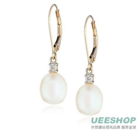 10k Yellow Gold Freshwater Cultured Pearl with Diamond Drop Earrings (10.5-11 mm)